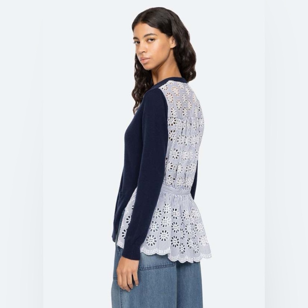 SEA NEW YORK Lennon cardigan sweater in navy and eyelet detail XS‎